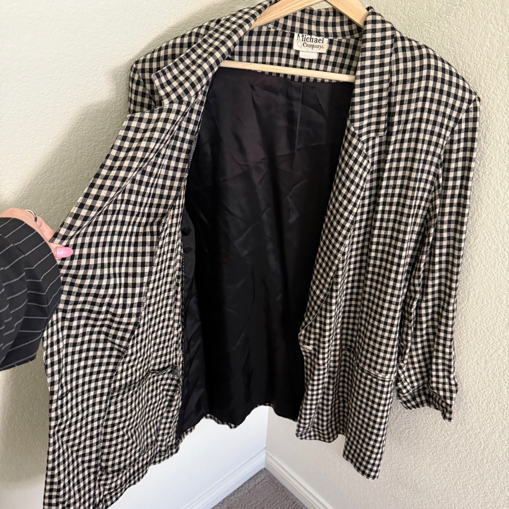 VINTAGE retro indie tan black gingham linen blend lightweight blazer jacket - Picture 3 of 6
